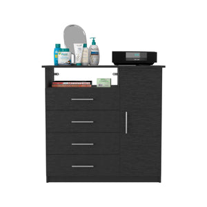 English Elm 4 Drawer Dresser with Open Shelf and Single Door Cabinet, Engineered Wood, Spacious Storage Appeal Black 38 L x 23 W x 4 H B097S00107