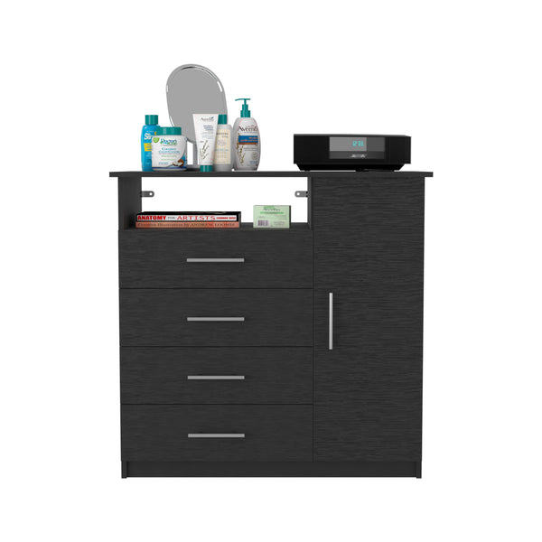 English Elm 4 Drawer Dresser with Open Shelf and Single Door Cabinet, Engineered Wood, Spacious Storage Appeal Black 38 L x 23 W x 4 H B097S00107
