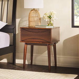 English Elm Walker Edison - Mid-Century Solid Pine 1-Drawer Nightstand in Walnut — Retro Tapered Legs, Curved Drawer, Compact Design B185P168951