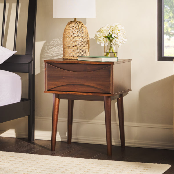 English Elm Walker Edison - Mid-Century Solid Pine 1-Drawer Nightstand in Walnut — Retro Tapered Legs, Curved Drawer, Compact Design B185P168951