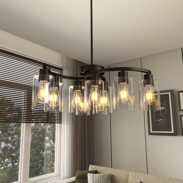 English Elm 9-Light Modern Farmhouse Chandelier with Clear Glass Shades, Adjustable Height, Industrial Iron Fixture Black W2312P374987