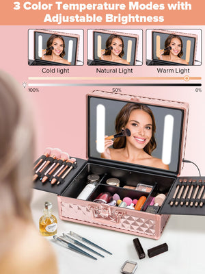 English Elm Portable Led Vanity Makeup Case Aluminum Travel Organizer with Mirror Lock Dividers W1550P163304