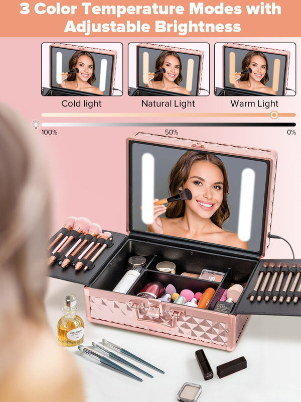 English Elm Portable Led Vanity Makeup Case Aluminum Travel Organizer with Mirror Lock Dividers W1550P163304