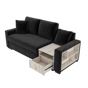 English Elm Modern Chenille Upholstered Sofa with Console Storage Armrest for Living Room Black N763S000062B