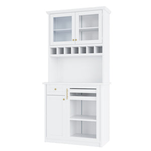 English Elm Topmax Farmhouse Buffet Hutch with Wine Rack Shaker Glass Pantry Cabinet White N717P327043K