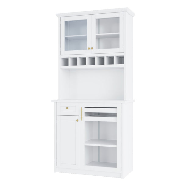 English Elm Topmax Farmhouse Buffet Hutch with Wine Rack Shaker Glass Pantry Cabinet White N717P327043K