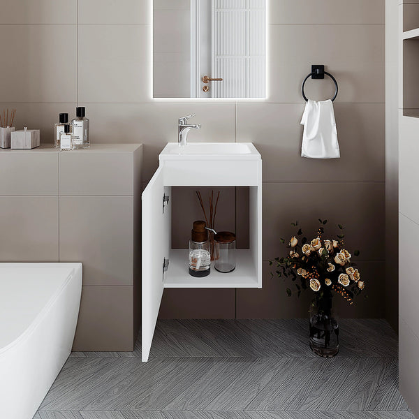 English Elm White Floating Bathroom Vanity with Integrated Sink — Space-Saving Soft-Close Door, Bright Modern Storage (19.7" H) B062P303920