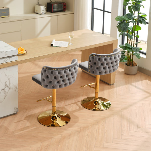 English Elm A&A Luxe Velvet Swivel Barstool with Gold-Plated 17.7" Base, Tufted Back, Ergonomic Waist Support Gray W1143P204046