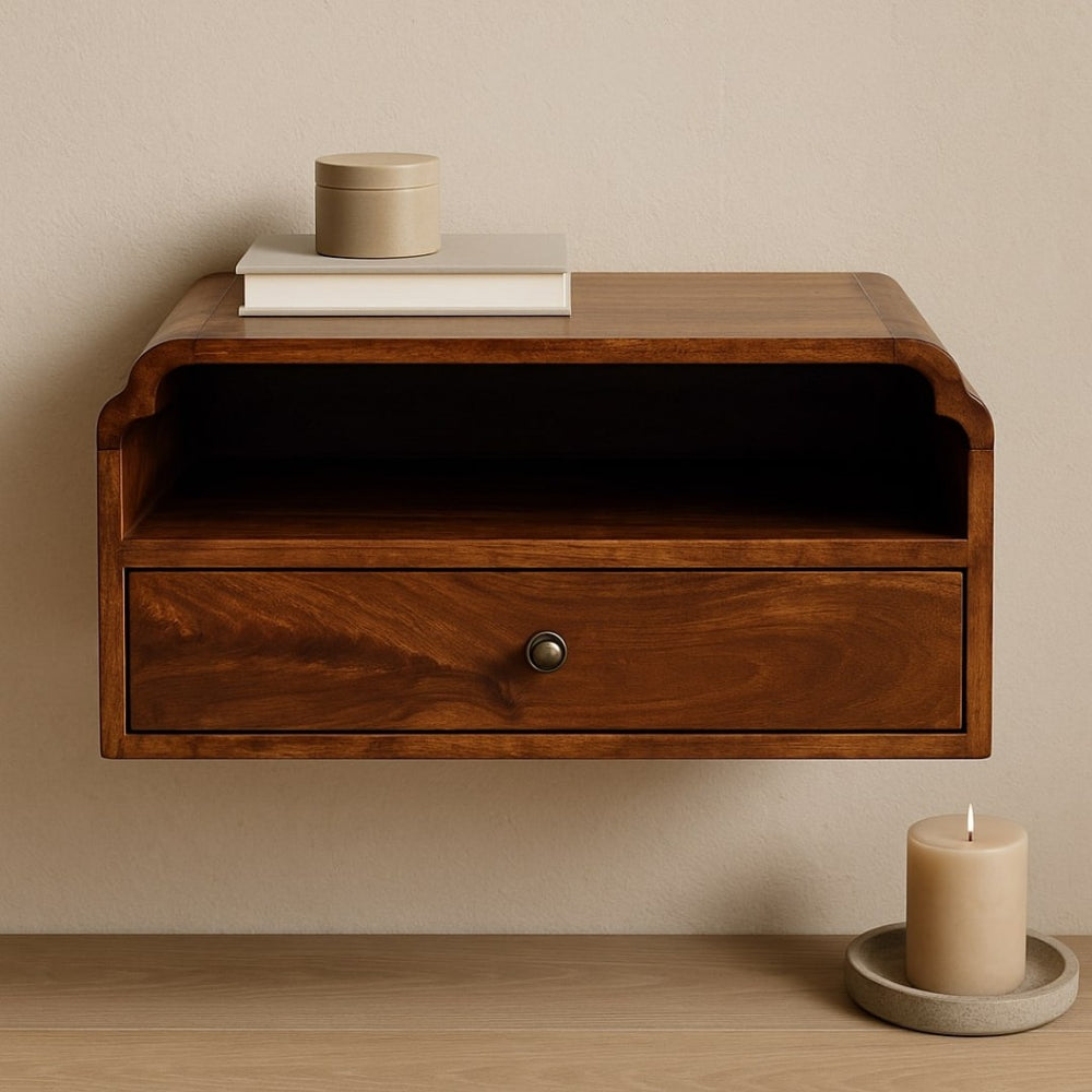 English Elm Artisan Furniture Mango Wood Floating Bedside Shelf Amber Oak Finish Handcrafted Brown B182P436698