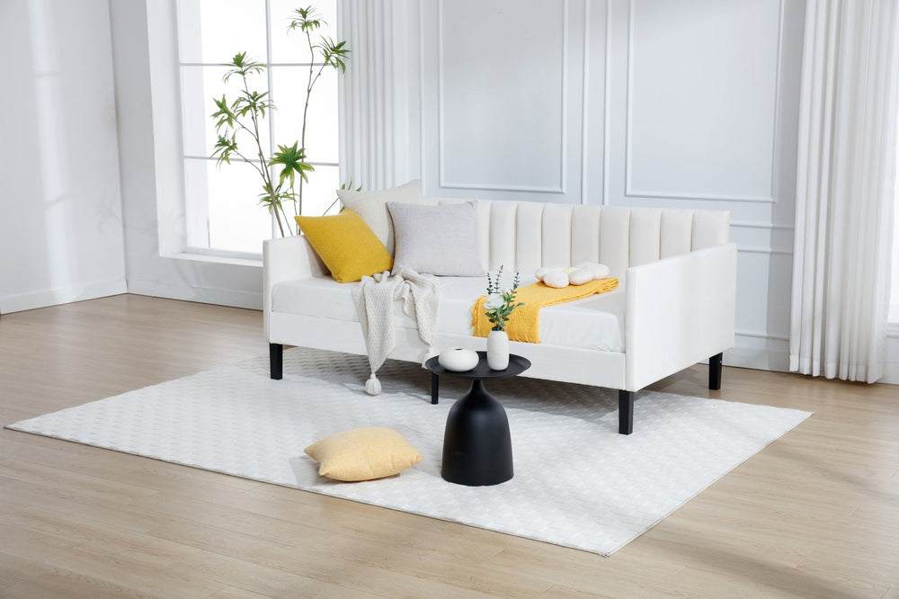 English Elm Elena Twin Size Beige Velvet Daybed with Ribbed Tufted Backrest, Foam Comfort, 400lb Capacity B083P152010