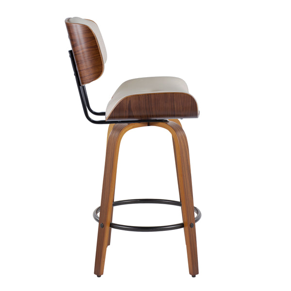English Elm Lombardi Mid-Century Counter Stool Set of 2 — Walnut Bent Wood Frame, Tufted Faux Leather Swivel, 26" Cream B202S00341