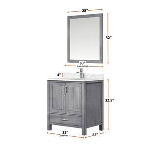 English Elm Distressed Grey Bath Vanity Set With Carrara Marble Top, Chrome Faucet & 28" Mirror For Stylish Storage B2731S01252