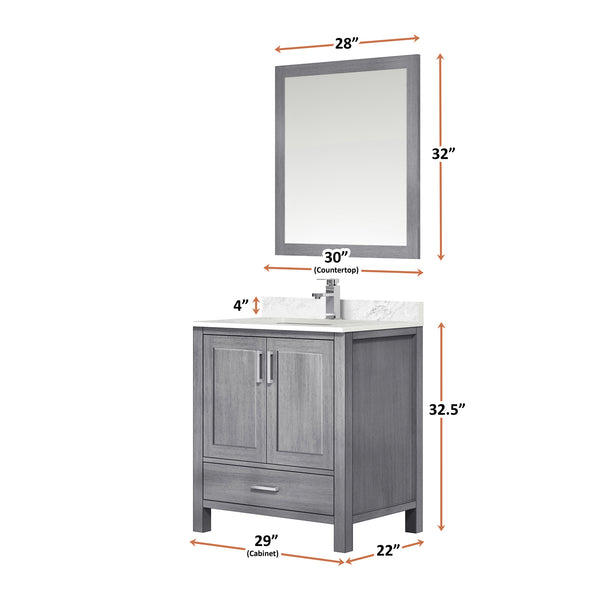 English Elm Distressed Grey Bath Vanity Set With Carrara Marble Top, Chrome Faucet & 28" Mirror For Stylish Storage B2731S01252