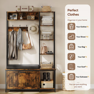 English Elm Hall Tree Entryway Organizer with Cushioned Bench Shoe Cabinet and Coat Hooks Brown+Black T5618P448217