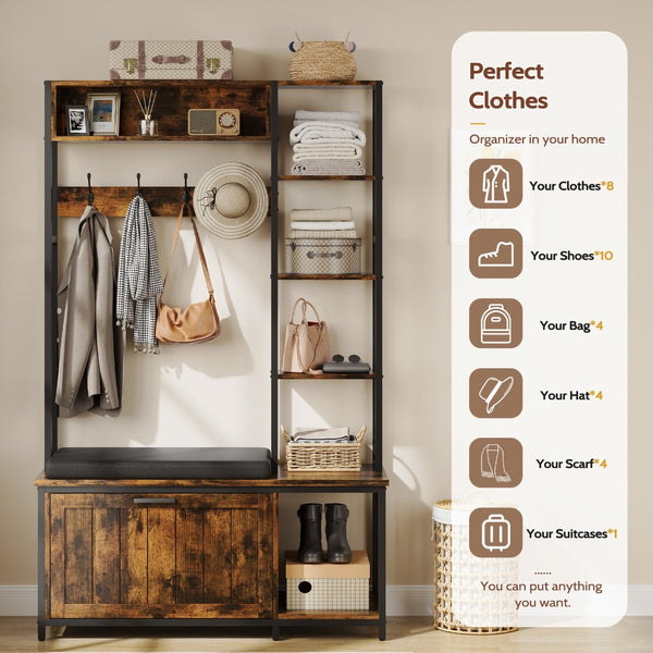 English Elm Hall Tree Entryway Organizer with Cushioned Bench Shoe Cabinet and Coat Hooks Brown+Black T5618P448217