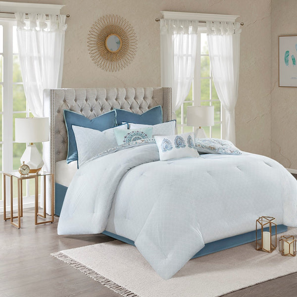 English Elm 8 Madison Park Isla Cotton Reversible Floral Comforter Set Queen OEKO-TEX Botanical Watercolor Medallion Blue 22.05 L x 20.87 W x 14.17 H B03597067