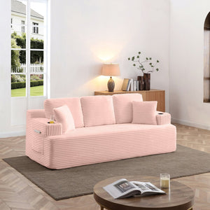 English Elm Boneless Floor Sofa Corduroy Upholstered 5 Seat Low Profile with Cup Holders for Living Room Pink W1117S00431