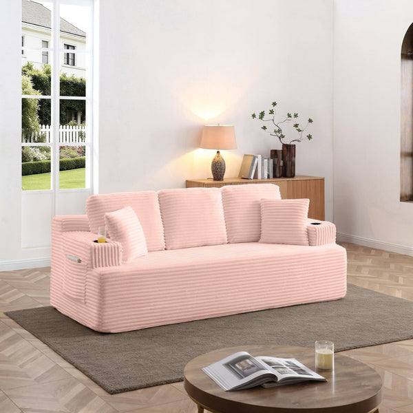 English Elm Boneless Floor Sofa Corduroy Upholstered 5 Seat Low Profile with Cup Holders for Living Room Pink W1117S00431