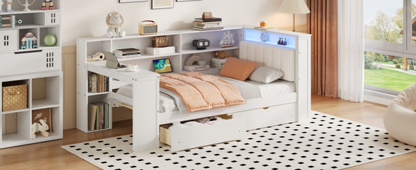 English Elm Wood Twin Size Platform Bed With Drawers, Charging Station, Led Light, Desk, & Upholstered Headboard N7090001046K-GIGA