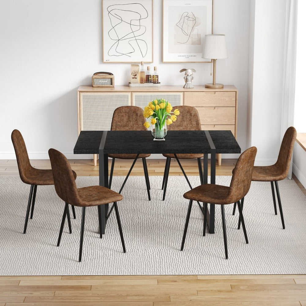 English Elm Table and Chair Set Retro Rectangular Dining with Brown Fabric Seats for Six W1151S04384