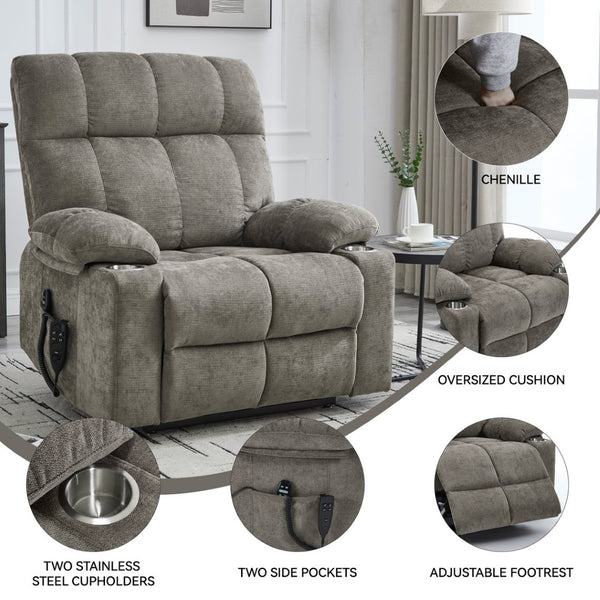 English Elm Dual Motor Power Lift Recliner with Massage Heat and Leatherair Upholstery for Living Room Brown W3224P290202