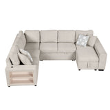 English Elm 109" U-Shaped Sectional Sofa Pull-Out Sofa Bed With Two Usb Ports, A Storage Chaise Lounge and Four Back Pillows For Living Room, Beige