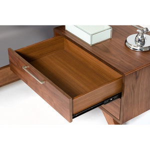 English Elm 2 Drawer Mid-century Wooden Nightstand with Angled Legs and Metal Bar Pulls B056P416783