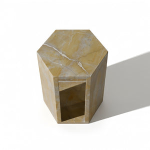 English Elm Genuine Solid Marble Hexagonal Pedestal End Table Polished Stone for Modern Living Gold W1696P407995