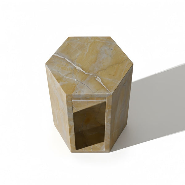 English Elm Genuine Solid Marble Hexagonal Pedestal End Table Polished Stone for Modern Living Gold W1696P407995