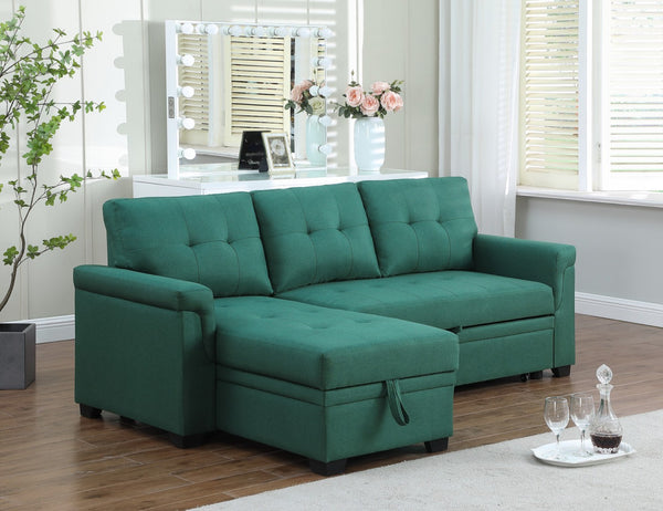 English Elm Jardin Reversible L-shaped Sectional Sleeper Sofa with Chaise Storage and Tufted Fabric Green B2749S00008