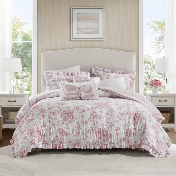 JLA Home Madison Park Essentials - 4 Pieces Comforter Set Vintage Coquette Bedding with Reversible Floral and Stripe Design, Ruffled Edges, OEKO-TEX Certified Pink MPE10-1168