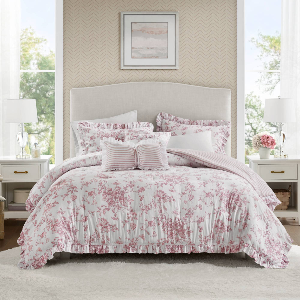 JLA Home Madison Park Essentials - 5 Vintage Coquette Comforter Set with Ruffle Trim, Reversible Stripe, OEKO‑TEX Microfiber for Charming Bedrooms Pink MPE10-1169