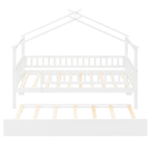 English Elm Twin House Bed with Trundle Solid Pine Frame Walnut Kids Bedroom Sleepover N708P357115K