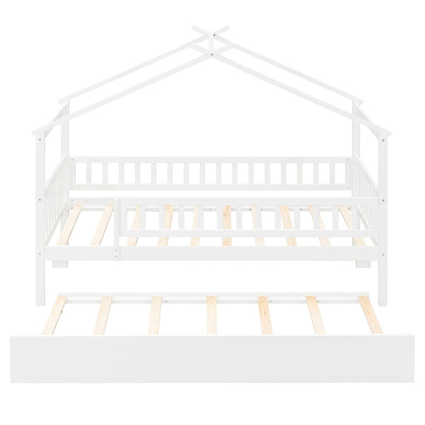 English Elm Twin House Bed with Trundle Solid Pine Frame Walnut Kids Bedroom Sleepover N708P357115K