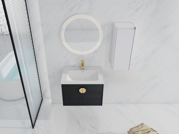 English Elm 28" Wall-Mounted Bathroom Vanity With Ceramic Sink & Side Cabinet – Space-Saving, Soft-Close Doors! W999S00327