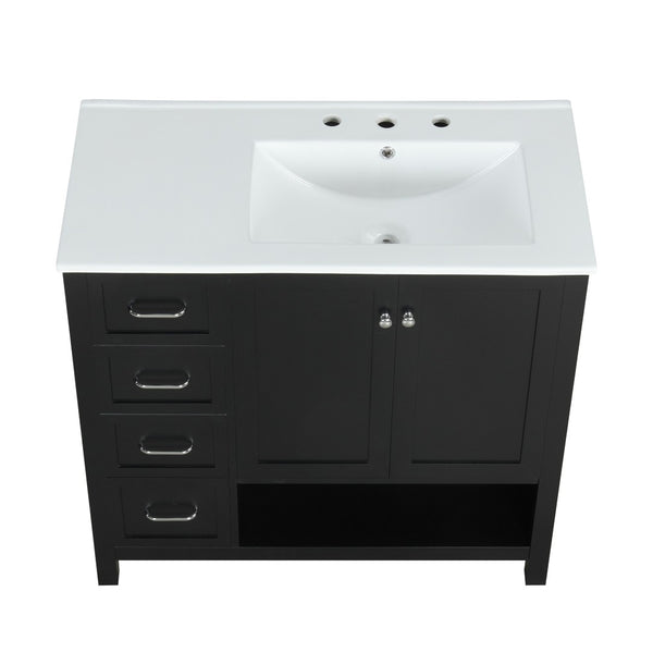 English Elm 36" Freestanding Bathroom Vanity Solid Wood Mdf Cabinet Ceramic Undermount Sink Open Shelf Black N725P364203B
