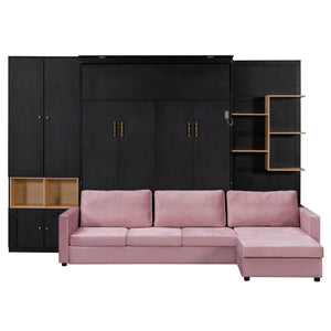 English Elm Queen Murphy Wall Bed with Velvet Sofa Built in Shelves Cabinets and Reading Lights Black LP000393AAB