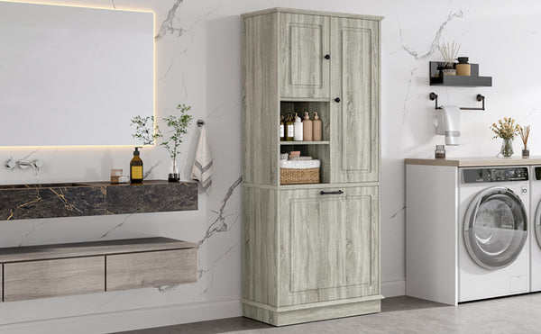 English Elm Tall Storage Cabinet with Flip-Out Basket, Adjustable Shelves & Aluminum Handles for Organized Living Oak N725P322739L