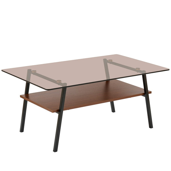 English Elm Rectangle Coffee Table – Modern Brown Tempered Glass With Sturdy Black Metal Legs For Living Rooms W241126036-GIGA