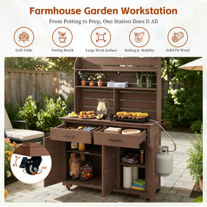 English Elm (assembly Video) Topmax Solid Fir Outdoor Potting Bench Grill Cart with Hutch Storage Brown N717P404333D
