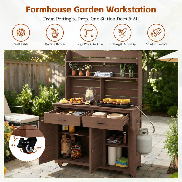 English Elm (assembly Video) Topmax Solid Fir Outdoor Potting Bench Grill Cart with Hutch Storage Brown N717P404333D