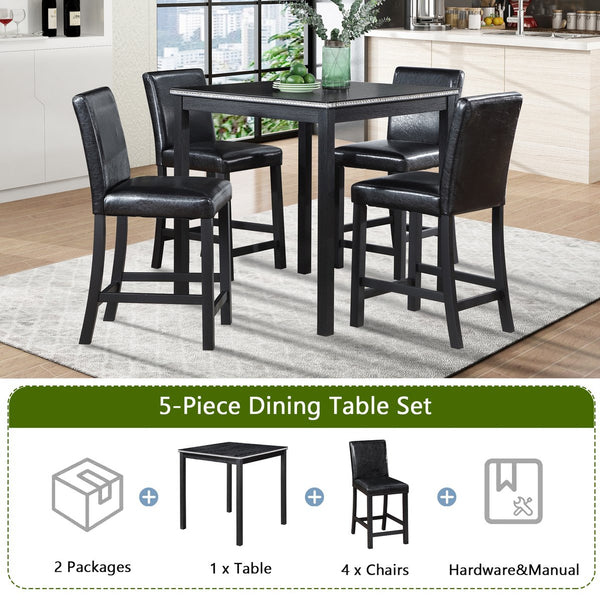 English Elm 5 Piece Counter Height Table Set - Modern Wooden Dining Set With Crystal Accents & Upholstered Chairs W1998S00038