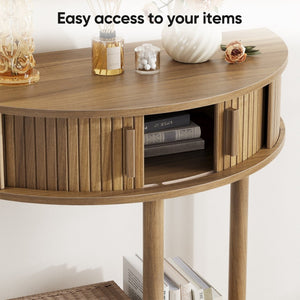 English Elm 31.5-inch Half Moon Grooved Walnut Console Farmhouse Entryway Table with Open Shelving W1706P447027