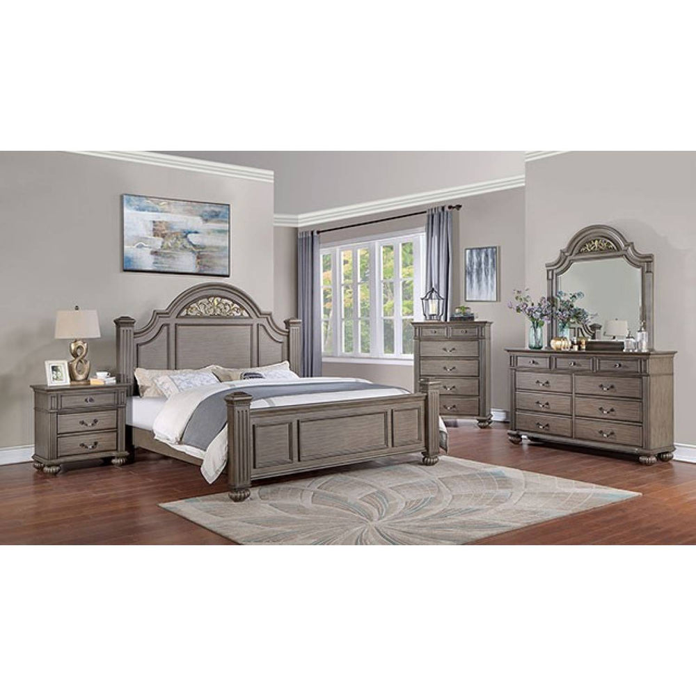 English Elm Queen Panel Bed with Floral Paneled Headboard and Antique Brass Accents, Elegant Contemporary Design Gray 67 L x 50 W x 6 H B2741S00048