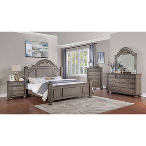English Elm Queen Panel Bed with Floral Paneled Headboard and Antique Brass Accents, Elegant Contemporary Design Gray 67 L x 50 W x 6 H B2741S00048