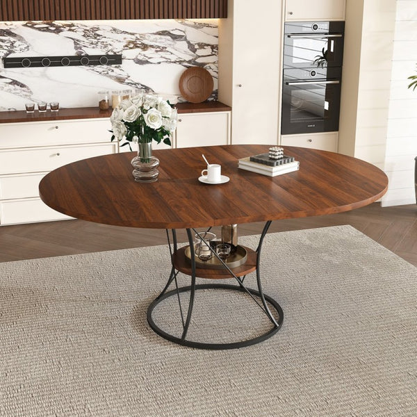 English Elm 43 Inch Expandable Round Dining Table Walnut Veneer Seats Six with Metal Storage Shelf Walnut+Black W2700P411580