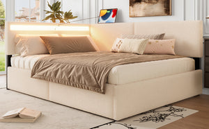 English Elm Twin Boucle Upholstered Bed with Cloud Headboard Storage Drawers and Led Lighting W1670P410466