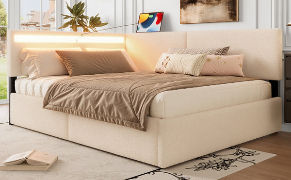 English Elm Twin Boucle Upholstered Bed with Cloud Headboard Storage Drawers and Led Lighting W1670P410466
