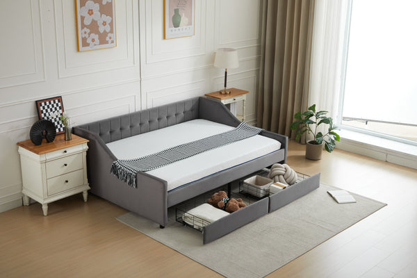 English Elm Daybed Velvet Upholstered with 2 Drawers & Wood Slat Support, Gray Full Sofa Bed with Storage W2725S00004