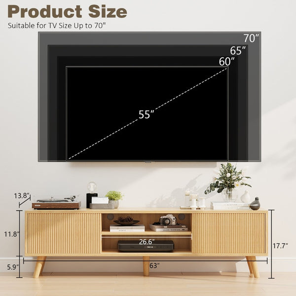 English Elm Fluted Wave Door Oak Finish Tv Stand with Open Shelving for Modern Living Rooms T3773P416488